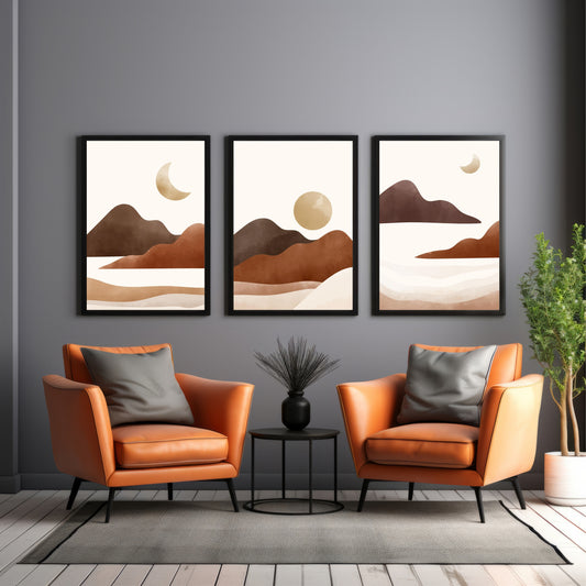 Abstract Mountain Landscape Wall Art Set of 3 β Minimalist Desert Mountains Moon & Sun Boho Nature Canvas Style Prints