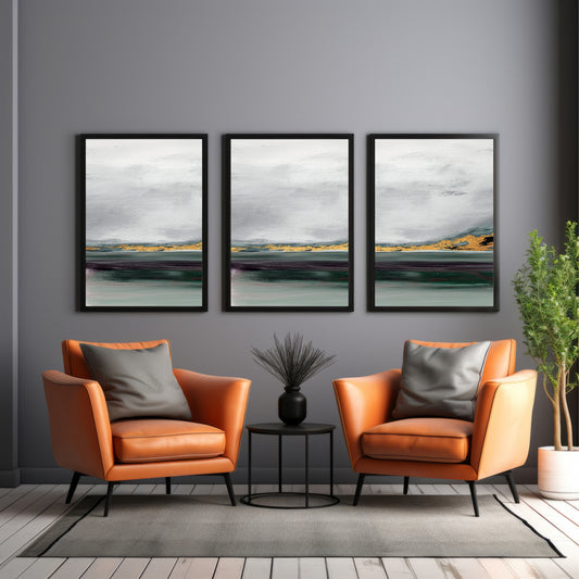 Abstract Seascape Wall Art Set of 3 β Modern Ocean Horizon Landscape Teal & Gold Minimalist Canvas Style Prints
