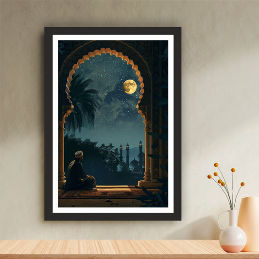 Ramadan Night Prayer Wall Art | Islamic Moonlit Mosque Artwork | Muslim Prayer & Reflection Decor | Eid & Ramadan Home Wall Frame