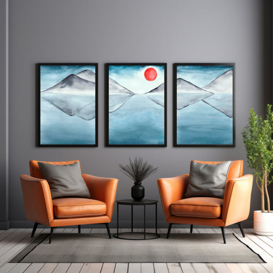 Abstract Mountain Landscape Wall Art Set of 3 β Blue Watercolor Mountain Lake Prints, Modern Nature Wall DΓ©cor