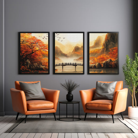 Autumn Mountain Landscape Wall Art Set of 3 β Japanese Style Nature Scenery, Orange Trees & Lake Bridge Framed Prints
