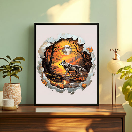 Wolf Wall Art | Autumn Forest Wolf Artwork | Moonlit Wildlife Wall Decor | Framed Nature Art