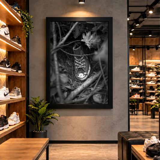 Black & White Shoe Wall Art | Vintage Sneaker in Forest Artwork | Monochrome Footwear Photography | Rustic Nature Wall Decor