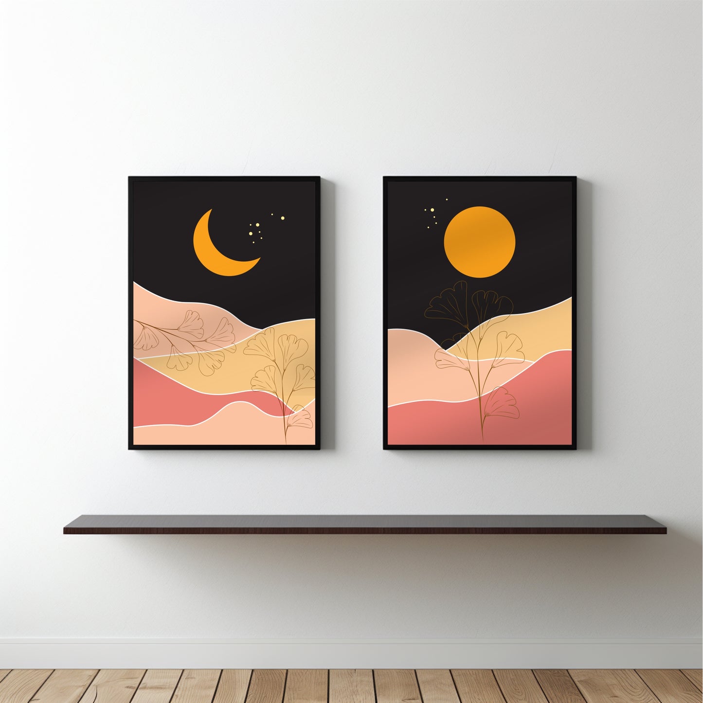 Golden Moonrise Wall Frame Set β Abstract Dual Art for Modern Spaces π