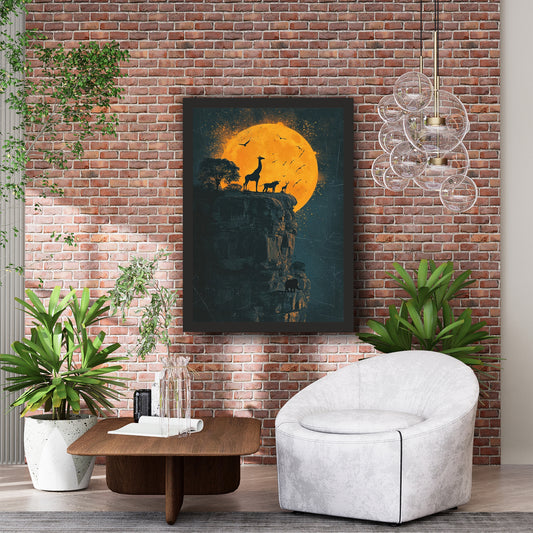 African Wildlife Sunset Wall Art | Giraffe, Elephant & Safari Silhouette Artwork