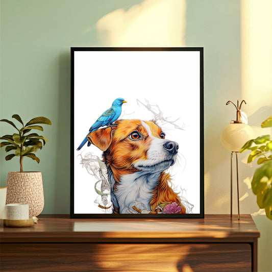 Dog Wall Art | Dog & Bird Watercolor Artwork | Cute Pet Wall Decor | Framed Animal Art