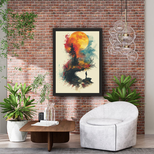 Surreal Forest & Moon Wall Art | Man Silhouette Landscape Artwork