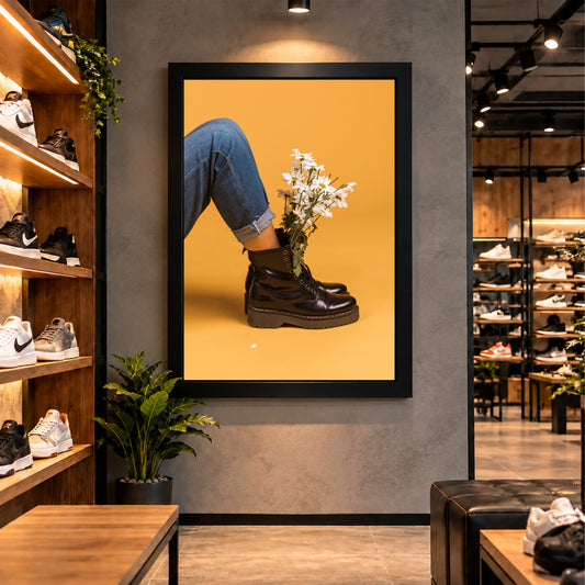 Black Boots Floral Wall Art | Black Combat Boots with White Flowers Artwork | Fashion Photography | Modern Botanical Wall Decor