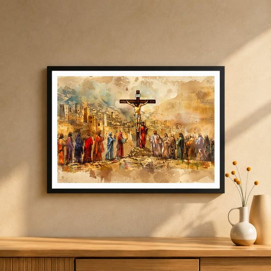 Jesus Crucifixion Watercolor Wall Art | Good Friday Christian Canvas Print | Vintage Cross of Christ Painting | Religious Home Decor