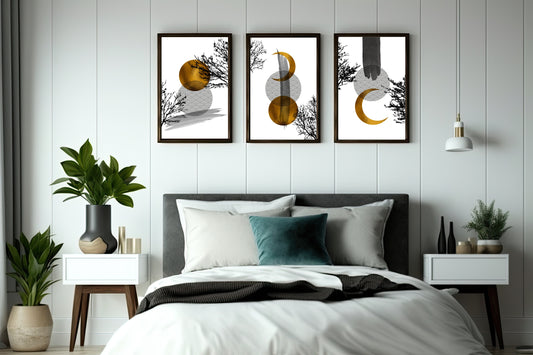 Golden Eclipse Wall Frame Set β Minimal Abstract Art for Modern Interiors β¨