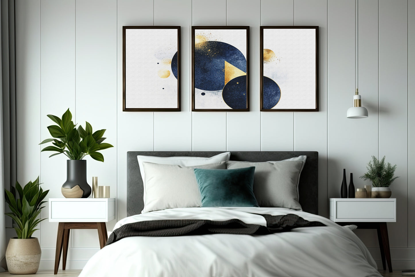 Midnight Geometry Wall Frame Set β Blue & Gold Abstract Elegance for Modern Spaces β¨