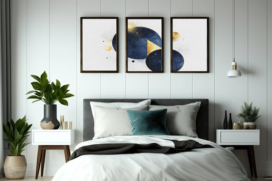 Midnight Geometry Wall Frame Set β Blue & Gold Abstract Elegance for Modern Spaces β¨
