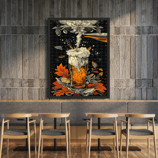 Beer Wall Art | Framed Beer Glass & Hops Artwork | Vintage Brewery Décor | Pub Bar & Man Cave Wall Décor