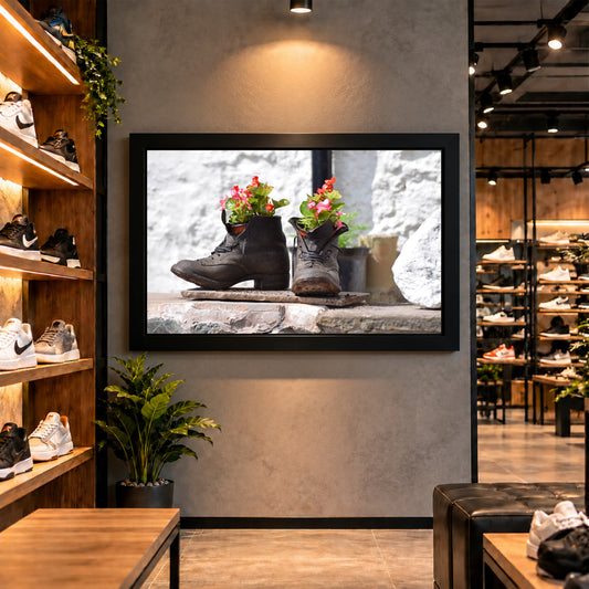 Boots with Flowers Wall Art | Rustic Black Boots Planter Artwork | Floral Footwear Photography | Vintage Garden Wall Decor