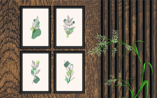 Minimal Botanical Line Art Wall Frame Set of 4 β Modern Green Leaf Prints for Living Room, Bedroom & Office Decor π