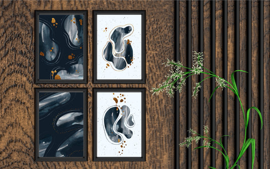 Midnight Luxe Abstract Wall Frame Set of 4 β Blue & Gold Luxury Modern Art for Living Room and Office Decor β¨