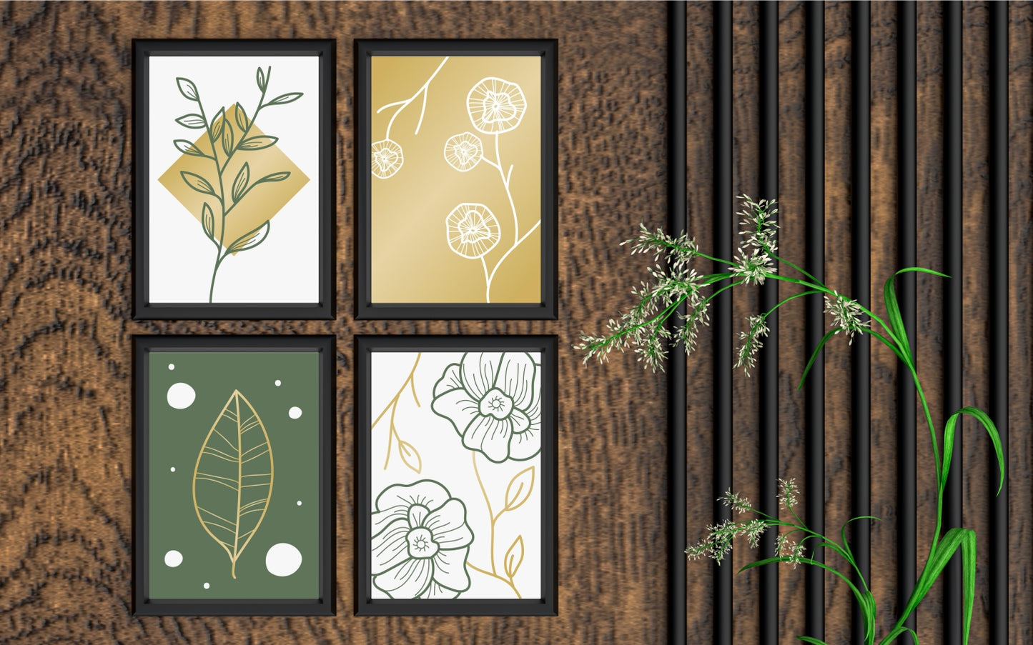 Golden Botanical Harmony Wall Frame Set of 4 – Minimal Modern Art for Living Room, Bedroom & Office 🌼✨