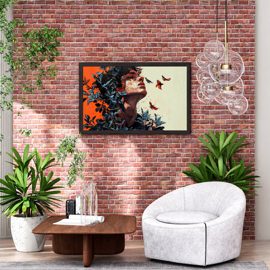 Woman & Flying Birds Wall Art | Abstract Nature Portrait | Botanical Contemporary Artwork