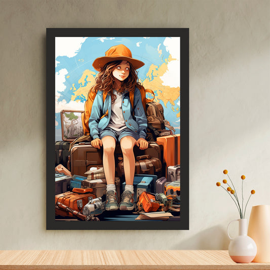 Solo Female Traveler Wall Art | Wanderlust Girl with Suitcases Canvas Print | Adventure Travel Illustration Poster