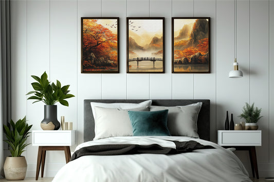 Autumn Harmony Bridge Wall Frame Set – Tranquil Beauty for Timeless Interiors