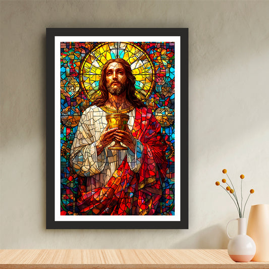 Jesus Christ Holy Communion Wall Art | Stained Glass Christian Artwork | Sacred Chalice Religious Decor | Christian Home Wall Frame