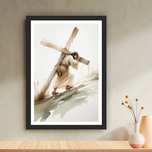 Jesus Carries the Cross Wall Art | Passion of Christ Watercolor Canvas Print | Christian Religious Wall Decor | Inspirational Bible Artwork