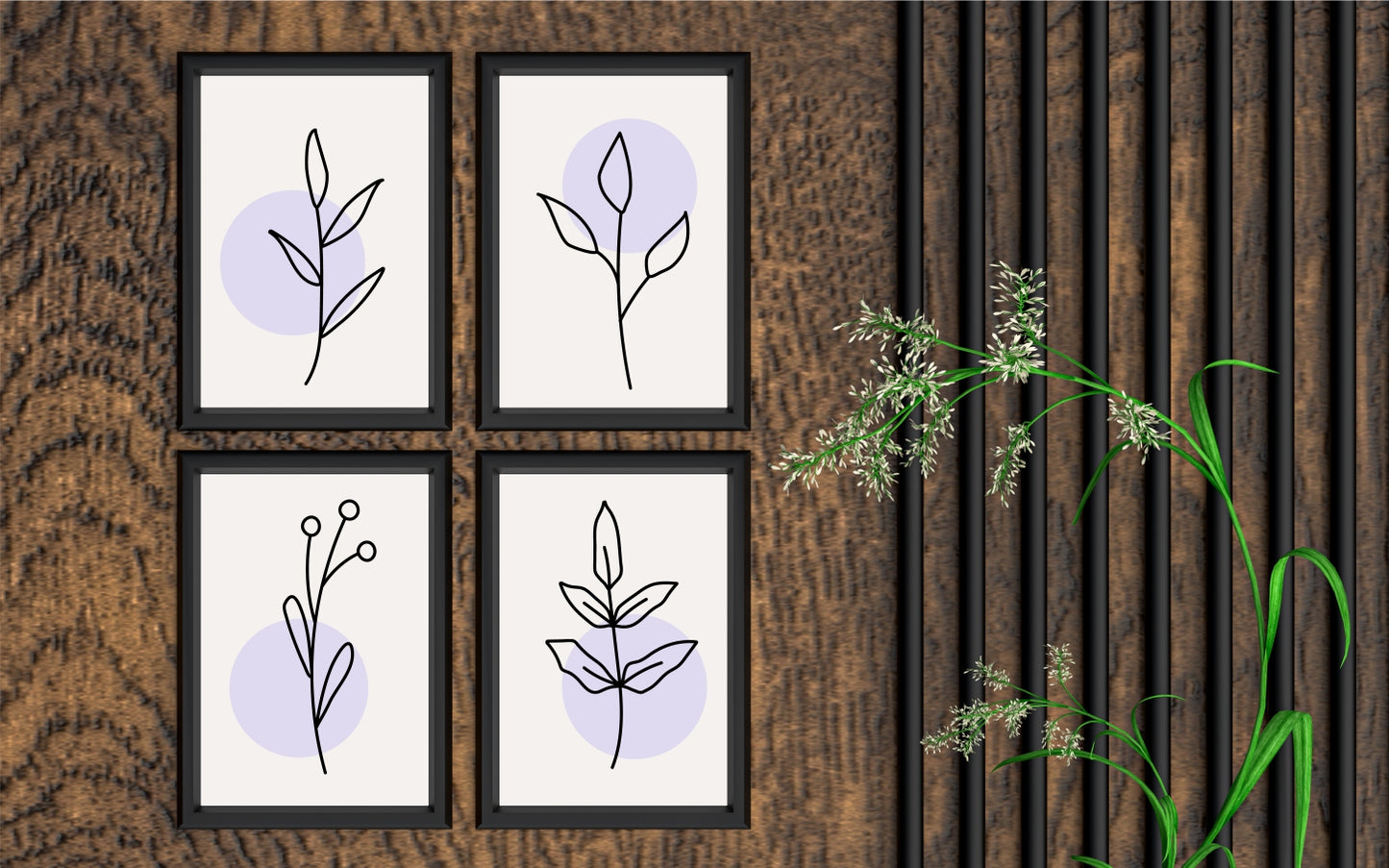 Botanical Line Art Wall Frame Set of 4 β Minimal Plant Illustration with Soft Lavender Tones πΏ