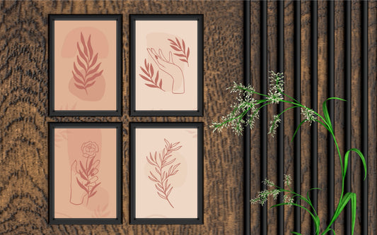 Blush Harmony Botanical Wall Frame Set of 4 β Minimal Hand & Leaf Line Art in Warm Terracotta Shades πΈ