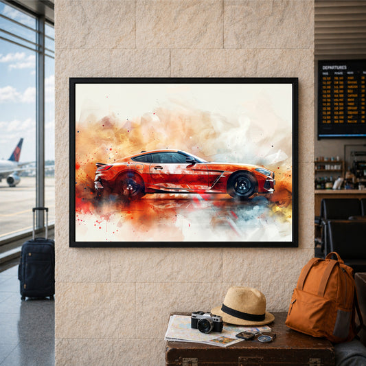 Orange Luxury Sports Car Wall Art | Modern Automotive Watercolor Poster