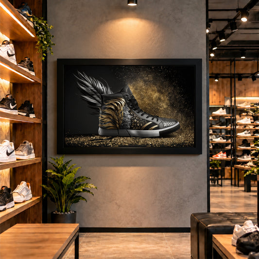 Black Gold Sneaker Wall Art | Feather High-Top Shoe Artwork | Luxury Fashion Decor