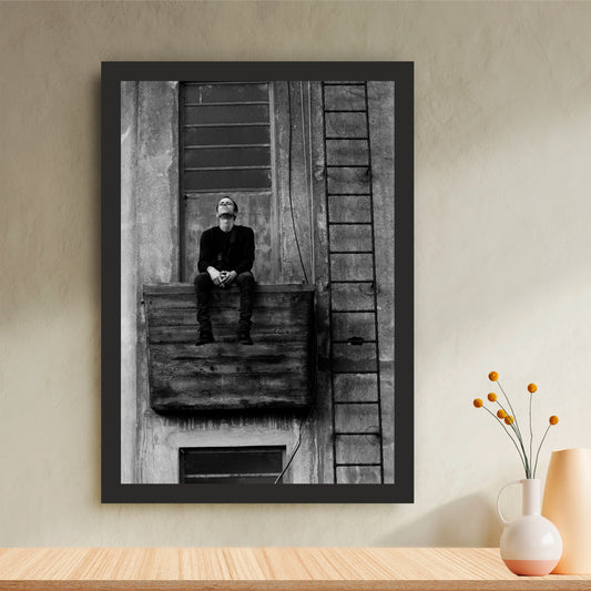 Solitary Man Balcony Wall Art | Black & White Urban Photography | Moody Fine Art Canvas Print | Minimalist Industrial Wall Decor