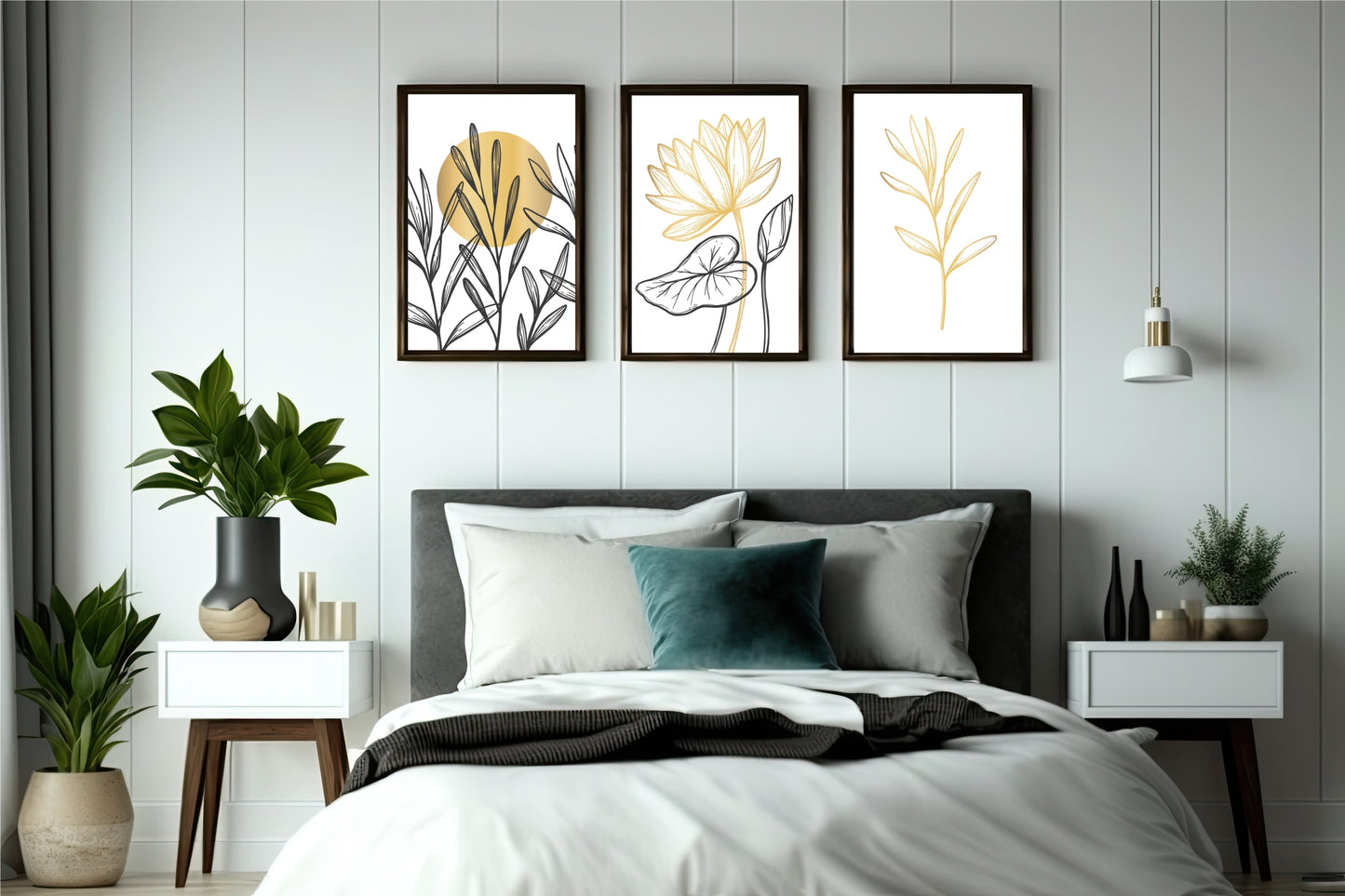 Golden Botanical Line Art Wall Frame Set of 3 β Minimal Modern Floral Design for Home & Office Decor πΌ