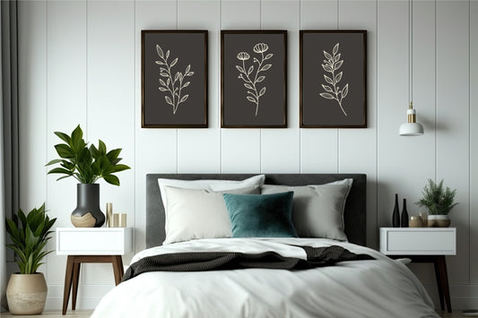 Midnight Botanical Wall Frame Set of 3 – Minimal Line Art in Black & Ivory 🌿🖤