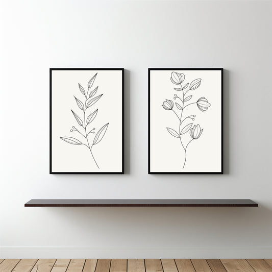 Minimal Botanical Line Art Wall Frame Set of 2 β Modern Black & White Floral Design π€πΏ