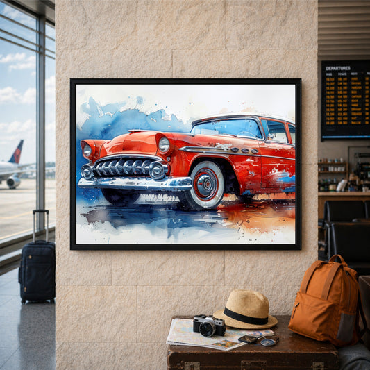 Vintage Red Classic Car Wall Art | Retro Automotive Watercolor Poster