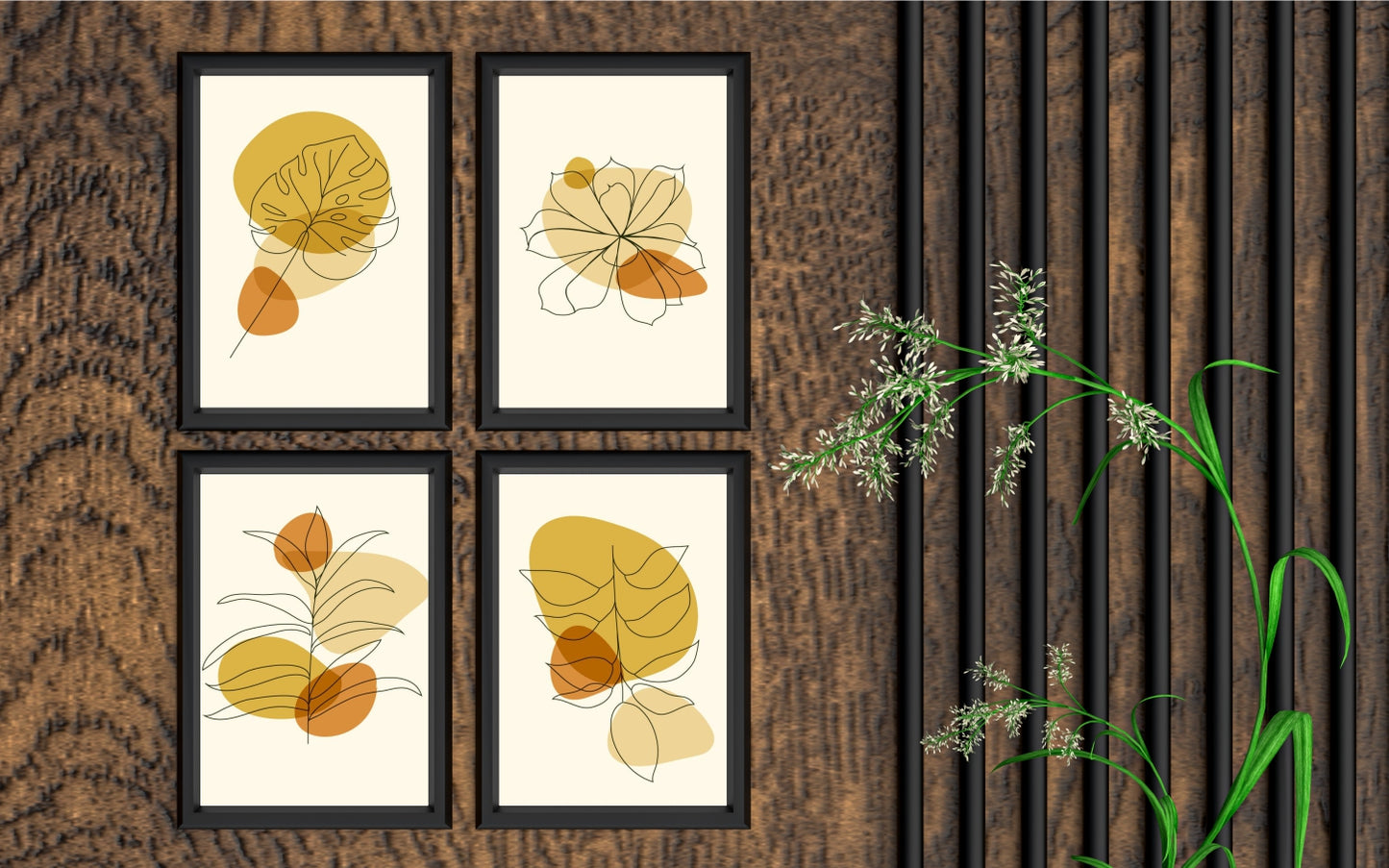 Golden Botanical Bliss β Abstract Leaf Wall Frame Set of 4 πβ¨