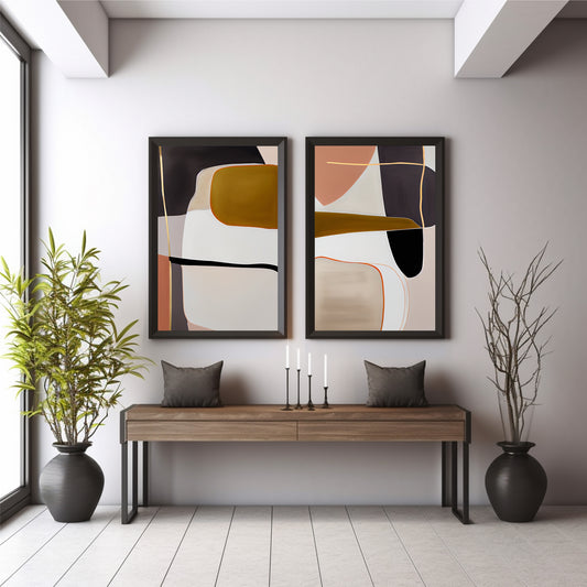 Abstract Geometric Wall Art Set of 2 | Modern Minimalist Black Gold & Mustard Prints