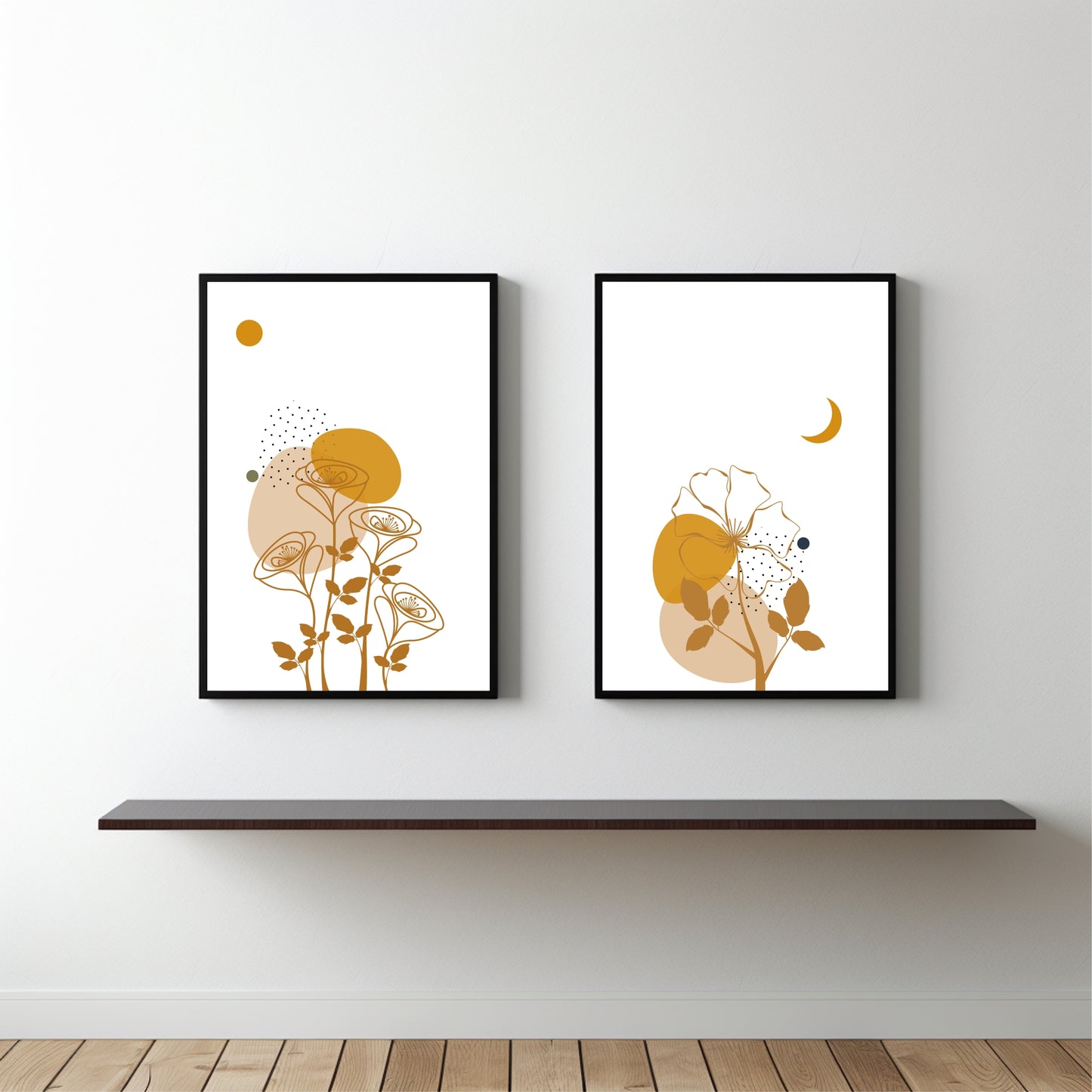 Golden Botanical Duo โ Minimal Line Art Floral Wall Frame Set ๐ผ
