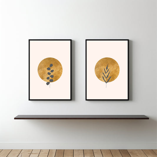 Golden Botanical Glow Duo β Minimal Abstract Nature Wall Frame Set πΎ