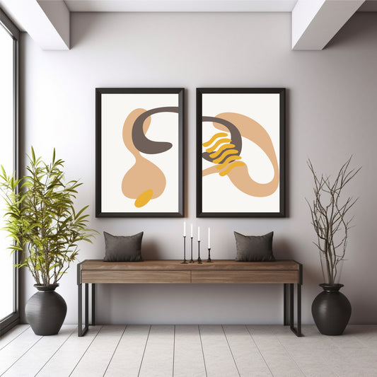 Abstract Organic Face Wall Art Set of 2 | Minimalist Beige Brown & Mustard Modern Prints