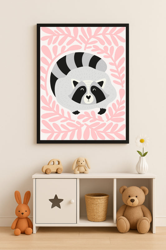 Sweet Raccoon Kids Wall Frame – Adorable Forest Art for Happy Spaces 🦝🌸