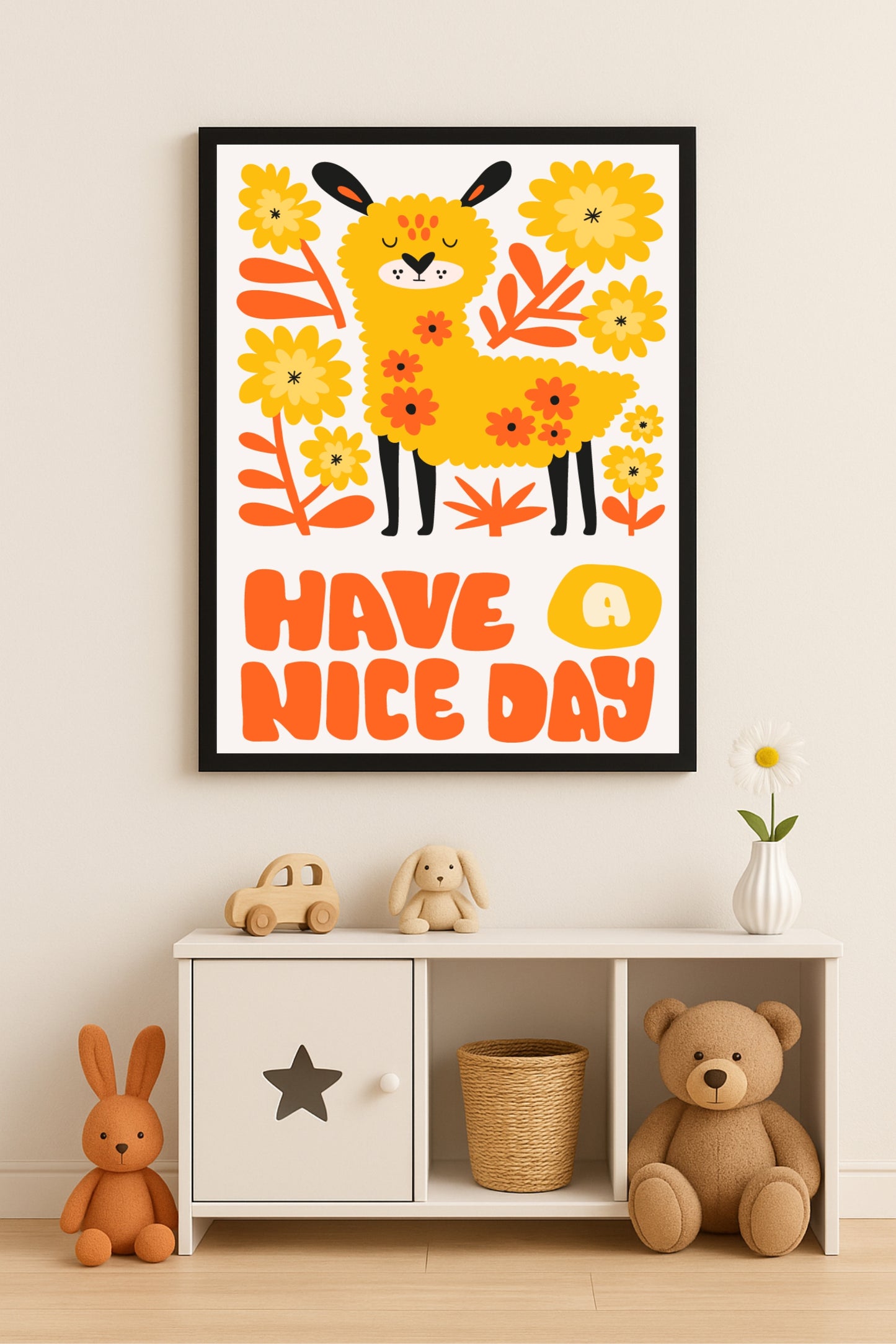 “Have a Nice Day” Llama Wall Frame – Cheerful Kids Room Art in Yellow & Orange 🦙