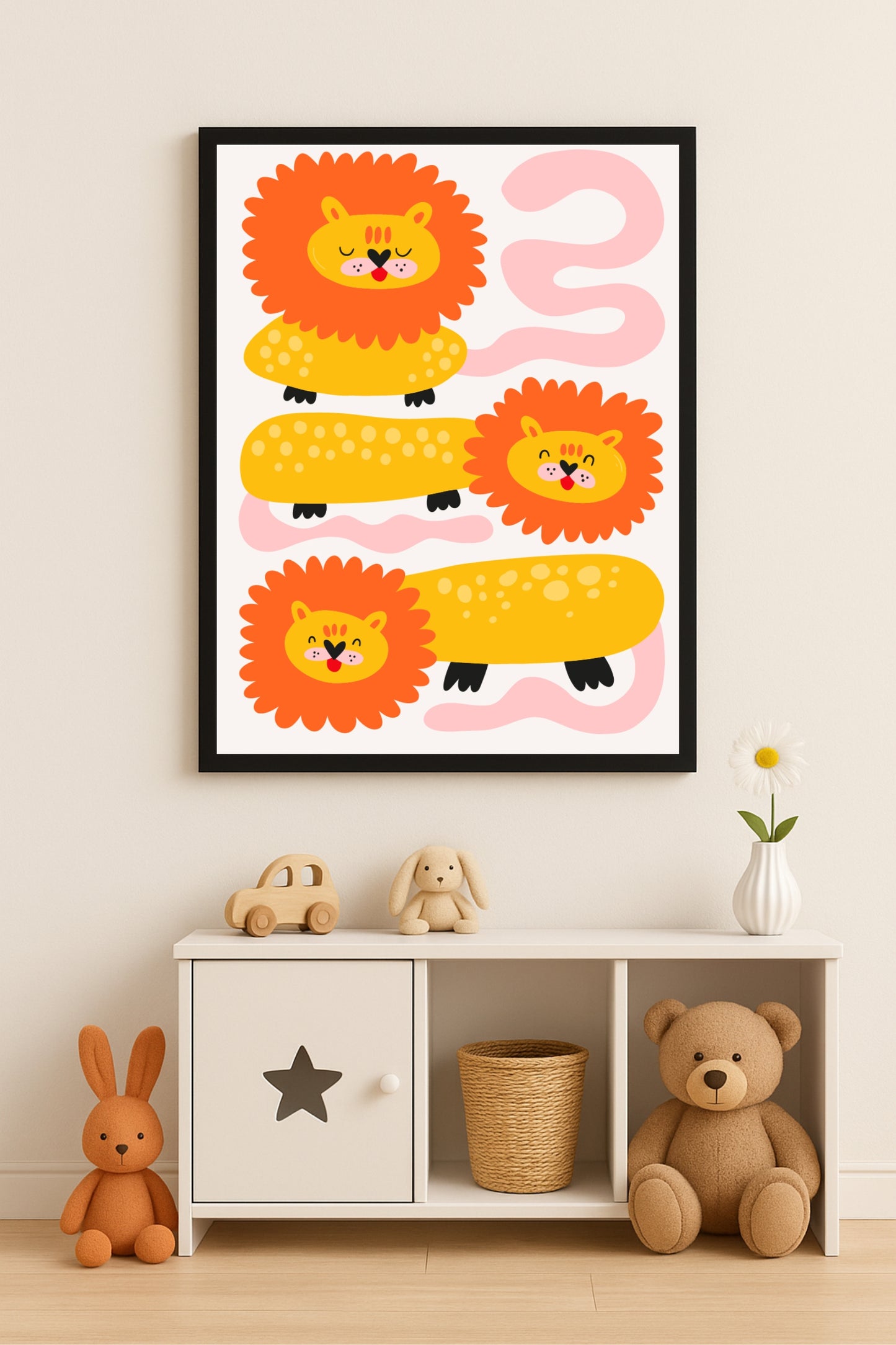 “Happy Lions” Kids Wall Frame – Bright & Playful Safari Art in Yellow & Orange 🦁🌞