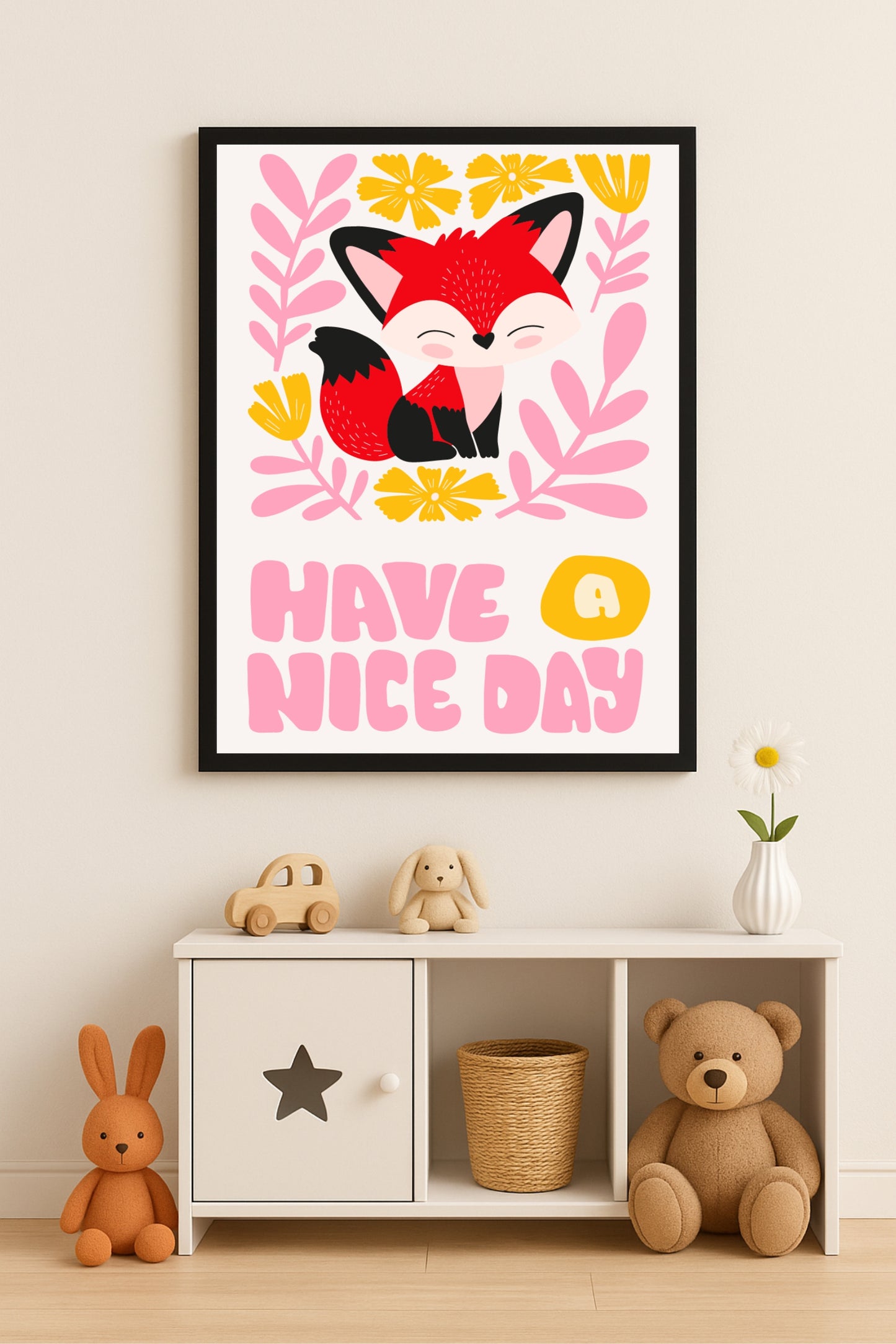 “Happy Fox” Kids Wall Frame – Cute Animal Art with ‘Have a Nice Day’ Message 🦊💖