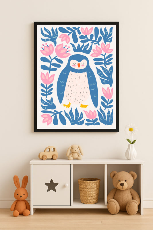 “Peaceful Penguin” Kids Wall Frame – Cute Animal Art for Nursery & Playroom 🐧🌸