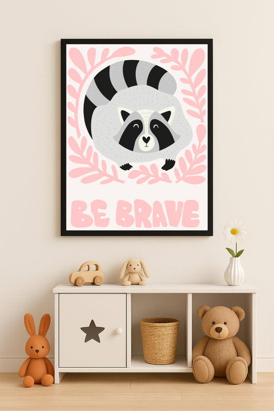 Be Brave Raccoon Kids Wall Frame – Cute & Courageous Room Art 🦝💖