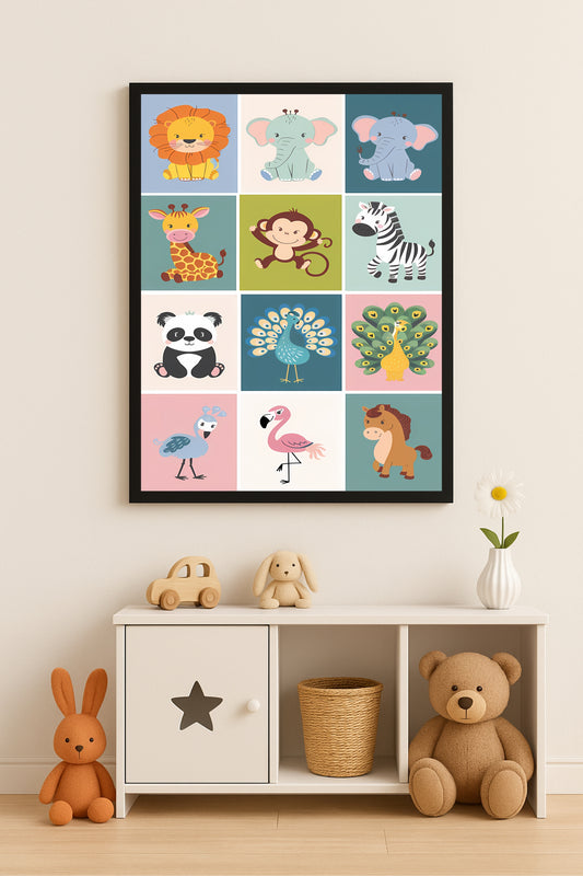 Cute Jungle Friends Wall Frame – Adorable Animal Art for Kids’ Room 🦁🐘🦓