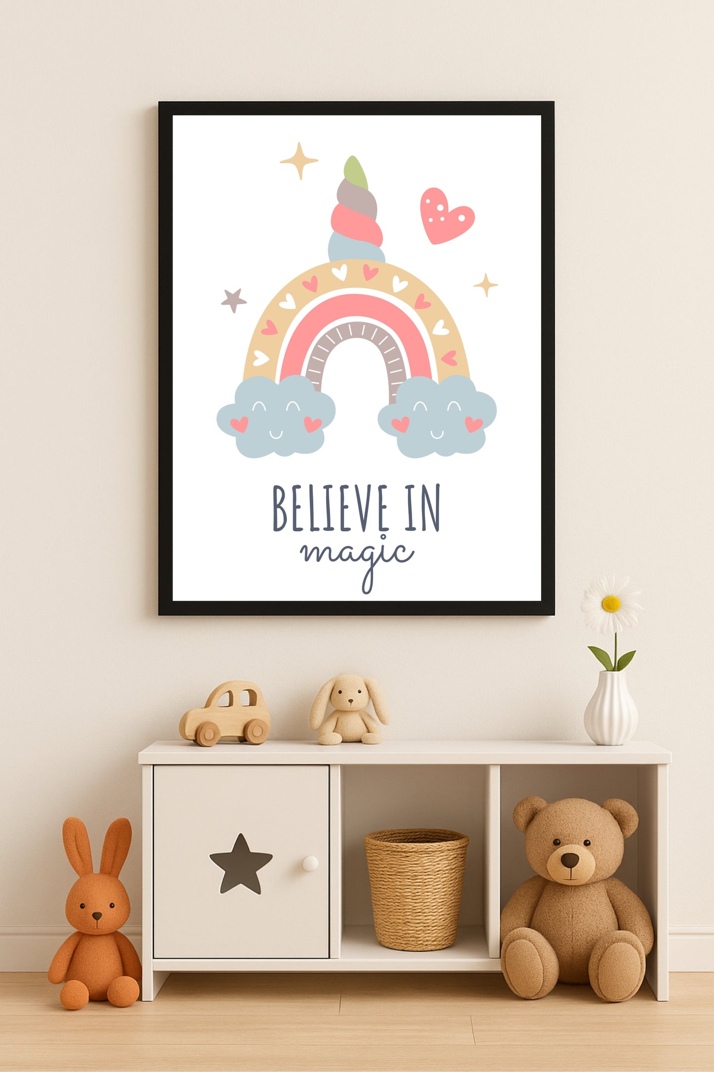 đ âBelieve in Magicâ Kids Wall Art â Cute Rainbow & Clouds Room DĂ©cor âš