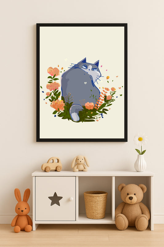 🐱 Cute Chubby Cat Kids Wall Art – Playful Nursery Room Frame 🌼