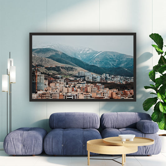Mountain Cityscape Wall Art | Snow-Capped Mountains Photography | Framed Wall Decor